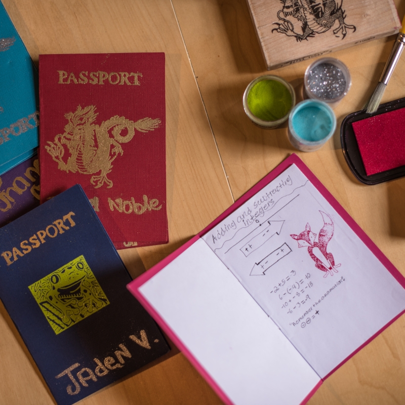 Colorful hand-made passports with math equations